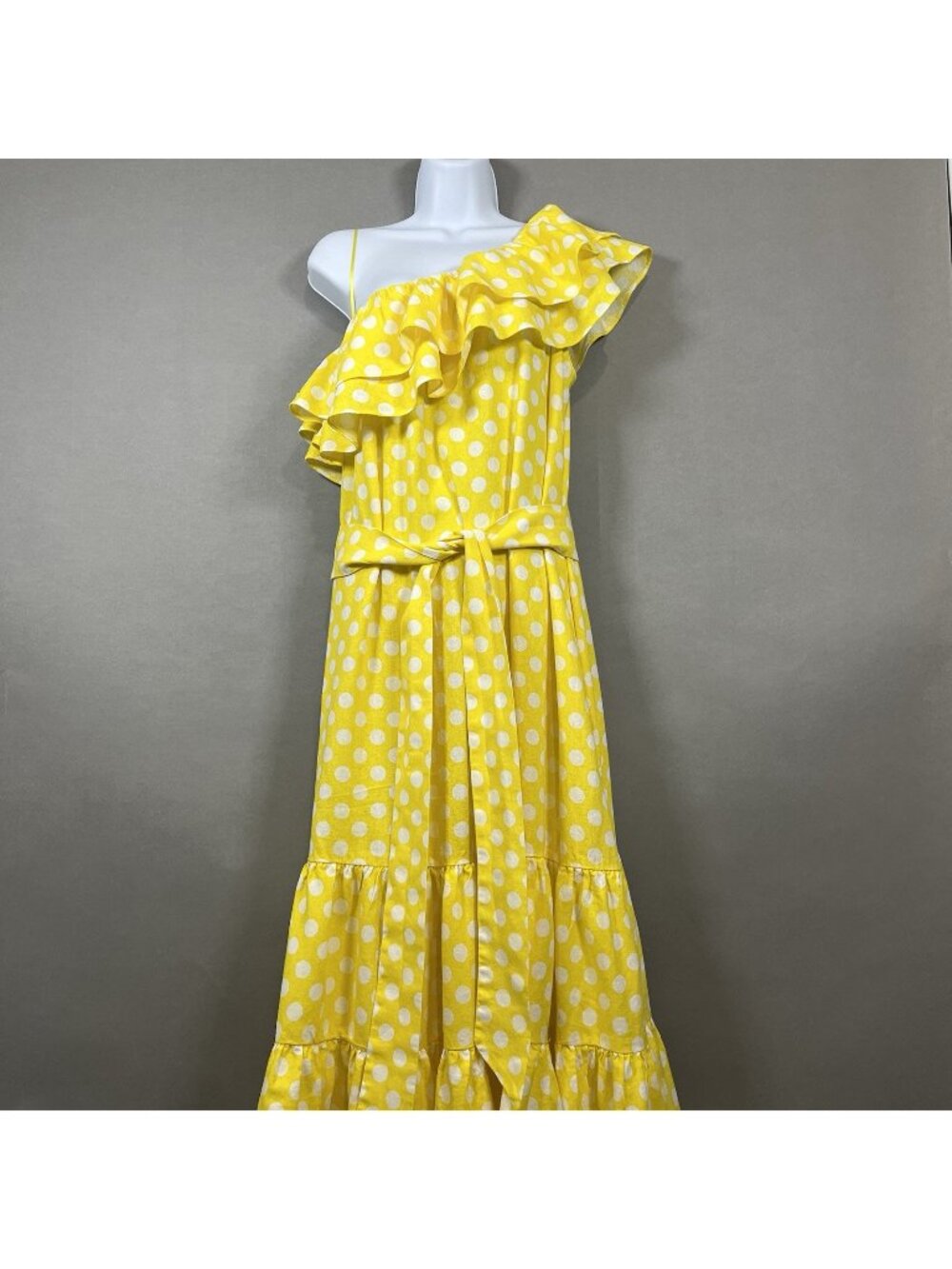 Lisa Marie Hernandez Yellow Polka Dot Tiered Off Shoulder Midi Dress